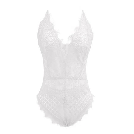 

Cathalem Lingerie That Covers High Cut Halter Deep V Neck Lingerie Floral Lace Bodysuit Teddy See Snap Crotch Lingerie for Women Underwear White X-Large