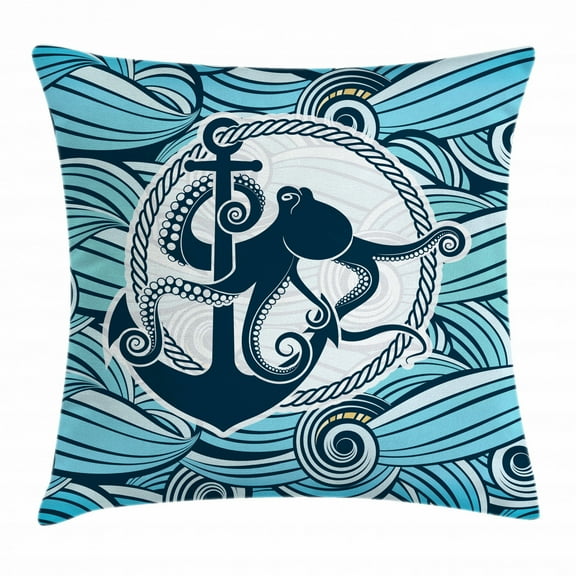 Octopus Throw Pillow Cushion Cover, Symbol of Octopus Against the Background of Stylized Sea Waves Nautical Design, Decorative Square Accent Pillow Case, 20 X 20 Inches, Multicolor, by Ambesonne
