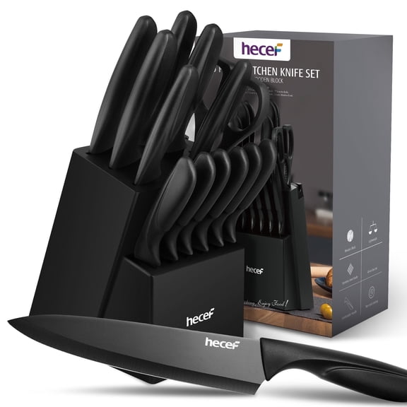 Hecef 15-Piece Kitchen Knife Block Set, Dishwasher Safe Stainless Steel Blades for Cooking and Chopping