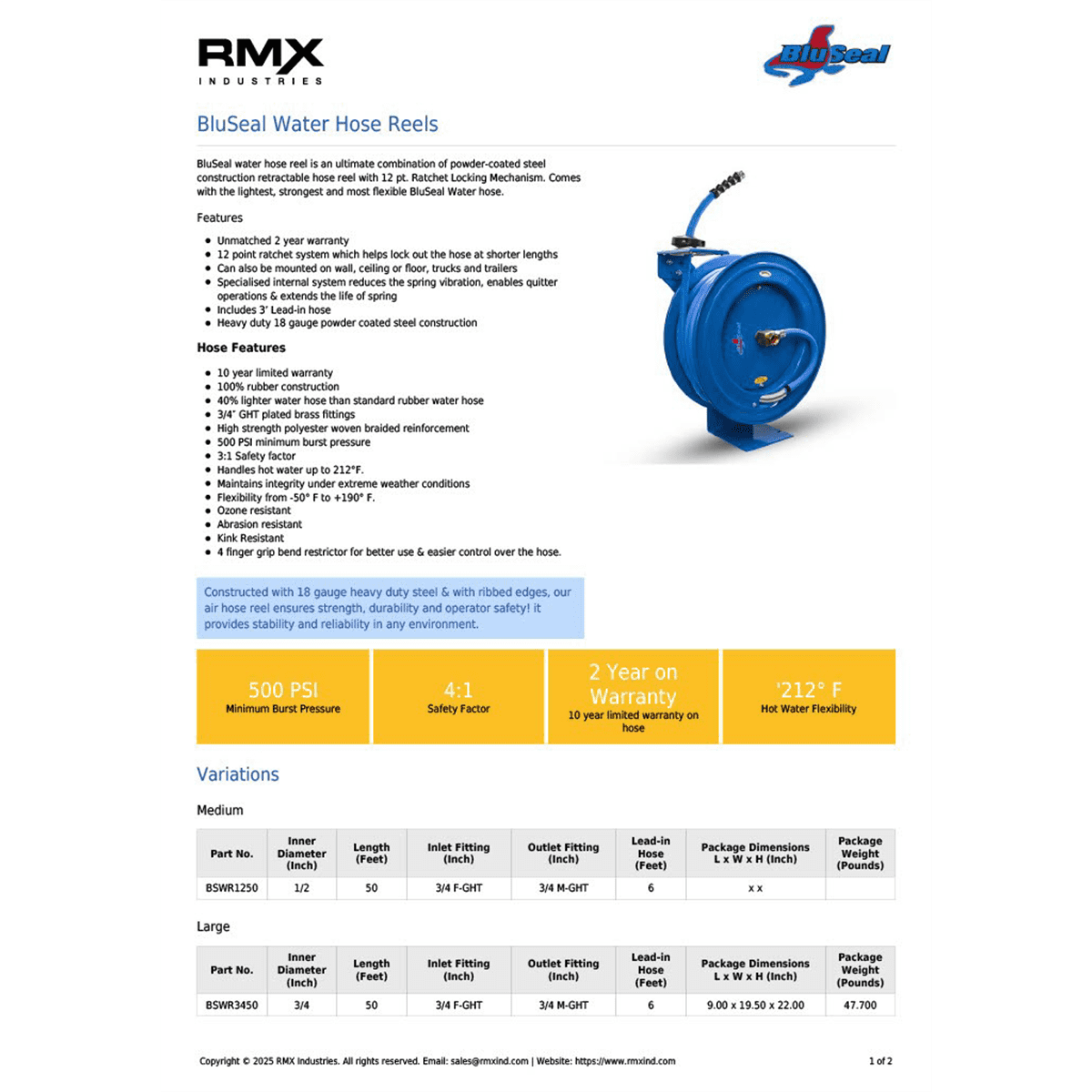 BluBird BSWR5850 Retractable Hose Reel w/ 5/8"x50' Hot Water Rubber Hose
