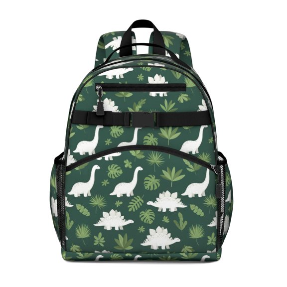 Green Cartoon Dinosaurs Leaves Pattern Cute School Backpack Bag for School with Padded Back and Adjustable Shoulder Straps 15.25"x11.5"x5.25"