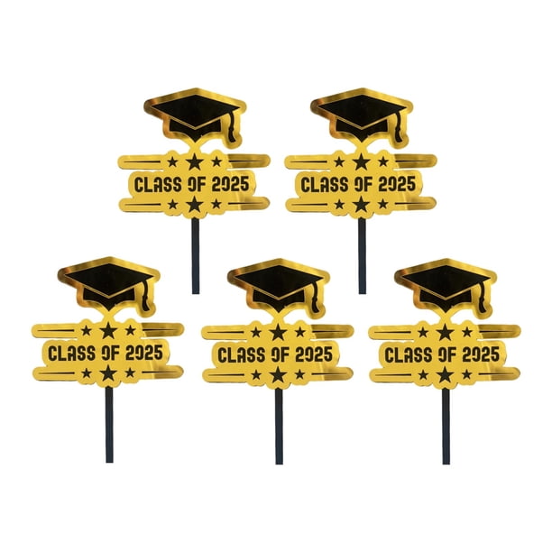 5 Piece Set of Black and Gold Glitter 2025 Graduation Hat Paper Cupcake Decorations for The Class of 2025 Graduation Hat Acrylic Cake Card Selection for The Class of 2025 Graduatio