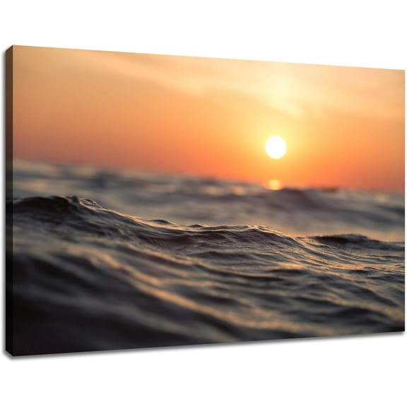 Landscape Canvas Wall Art Ocean at Sunset Print Painting for Bedroom Sea Picture Wall Artwork Framed for Kitchen Living Room Bathroom Home Office Nursery Decoration Ready to Hang [18''''Wx 12''''H]
