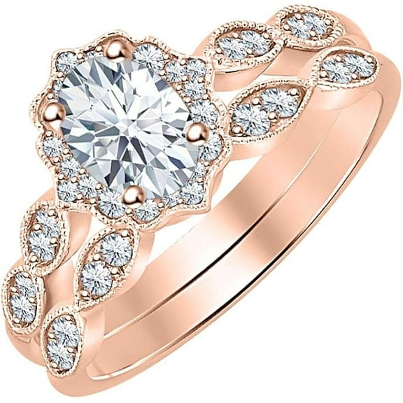 14K Rose Gold-Plated 925 Sterling Silver Oval Shape White Diamond Vintage Style Wedding Engagement Bridal Ring Set For Womens