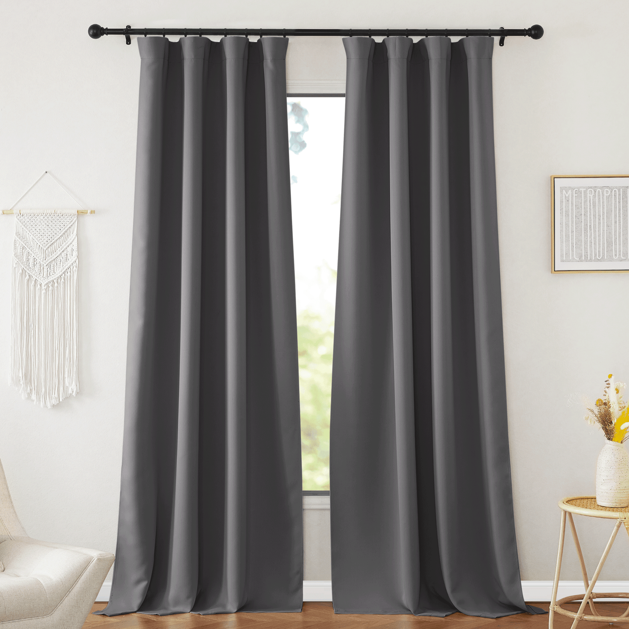 NICETOWN Blackout Bedroom Curtains, Rod Pocket/Back Tab/Hook Belt Grey Room Darkening Curtains Thermal Insulated Energy Efficiency Window Drapes for Dining Room, 52"x95", 2 Panels