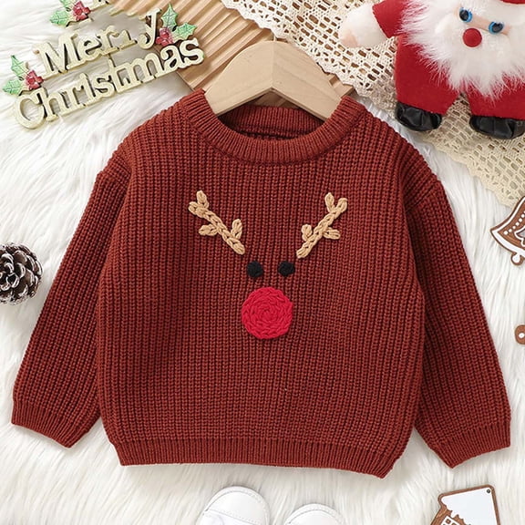 Baby Knit Christmas Sweater Embroidered Long Sleeve Crewneck Pullover Tops Boys Girls Winter Casual Comfy Outfits for Holiday Wear Red 12-18 Months