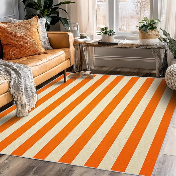 Striped Area Rugs, Orange Beige Fall Carpet, Washable Non Slip Low Pile Soft Rug for Bedroom Living Room Decor Mat 2ftx3ft