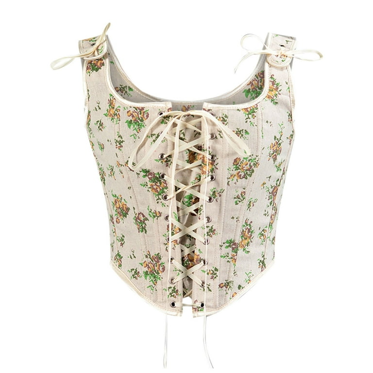 Womens Corsets On Sale Casual Sexy Eyelet Lace-up Embroidery Floral Print  Tight Vest Drawstring Tie-up Suspender Court Vintage Straps Tank Top  Fashion Denim Overbust Corset Bustier Top qILAKOG Size M 