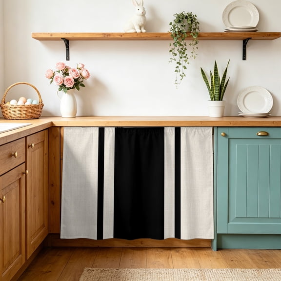 Black Vintage Small Sink Skirt 10"Wx11"L, Dustproof Under Sink Curtain with Self Adhesive Tape, Geometric Stripes Simple Lines Cabinet Curtain Cover for Bathroom Vanity, Kitchen Storage Shelf, RV