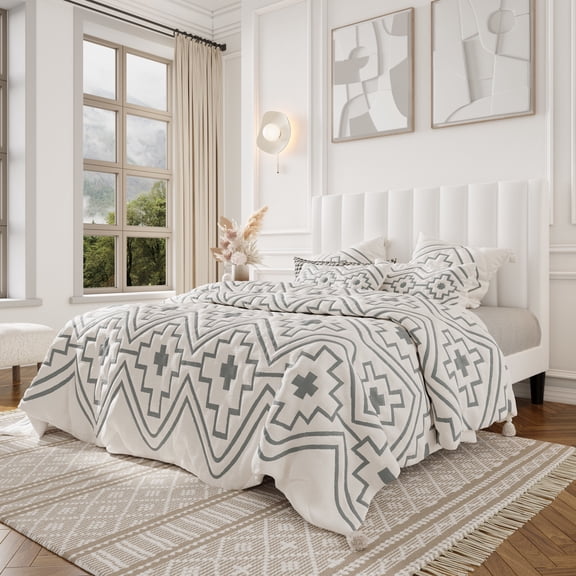 Allewie Queen Size Velvet Upholstered Bed Frame with Vertical Channel Tufted Headboard, White
