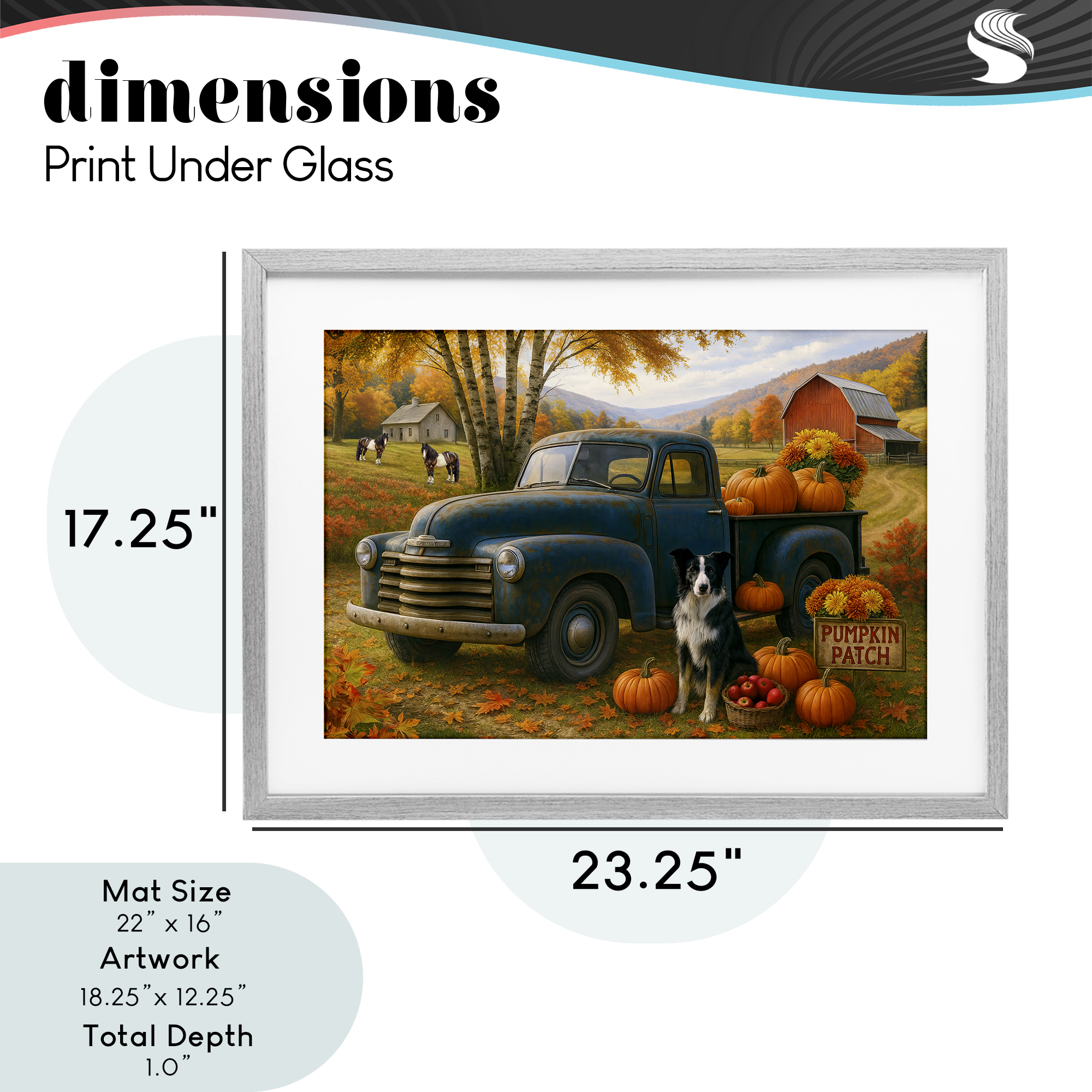 Autumnal Farmland Collie Dog Gray Framed Print Under Glass, design by Tom Crehan