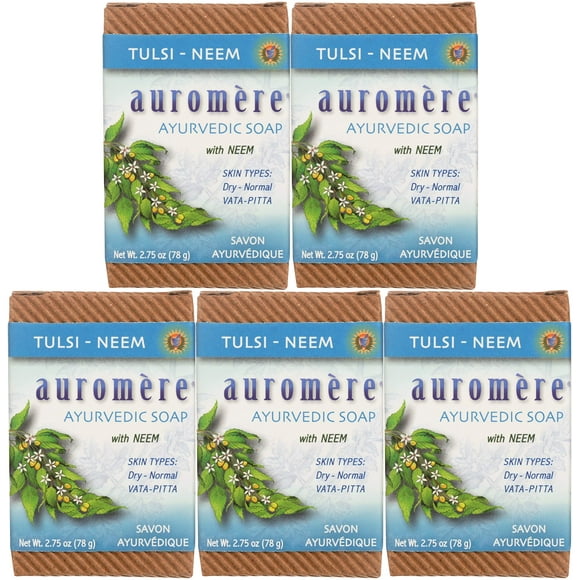 Auromere Jabón de barra ayurvédico Tulsi Neem - Ecológico, hecho a mano, vegano, libre de crueldad, natural, sin OGM (2,75 oz), paquete de 5