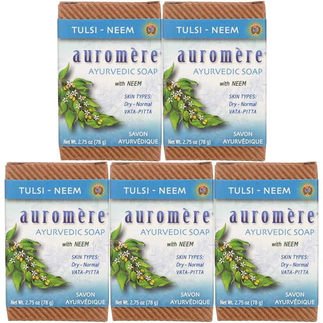 Auromere Jabón de barra ayurvédico Tulsi Neem - Ecológico, hecho a mano, vegano, libre de crueldad, natural, sin OGM (2,75 oz), paquete de 5