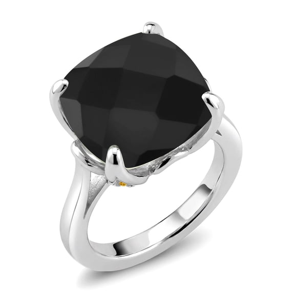 Gem Stone King 925 Sterling Silver Black Onyx and Yellow Created Sapphire Engagement Ring for Women (8.22 Cttw, 14MM Cushion Checkerboard, Size 9)
