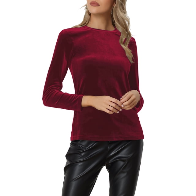 Blusa de terciopelo elástica de manga larga y cuello redondo para mujer Inspire Chic en color rojo vino