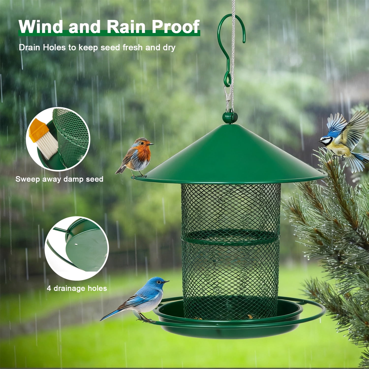 Anpro Metal Bird Feeder for Outside Hanging, Retractable Squirrel Proof 5lb Capacity Bird Feeders, for Outdoors Hanging Garden Yard, Green