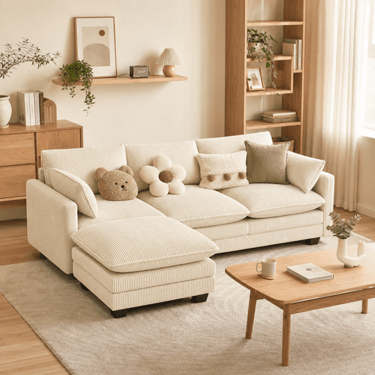 Cloud Like Modular Sectional Sofa with Movable Ottoman, Deep Seating with Lumbar Support, Machine-Washable Corduroy Cover - Beige
