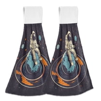 Yayeee Kitchen Hanging Hand Towels Set of 2 with Loop Bathroom Absorbent Tie Towel, Black Astronaut Record