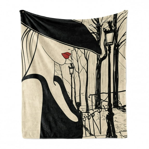 Black and Beige Soft Flannel Fleece Throw Blanket, Young European Woman with a Hat in Paris Montmartre Streets Art, Cozy Plush for Indoor and Outdoor Use, 50" x 70", Black Beige and Red, by Ambesonne