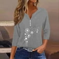 thumbnail image 2 of WTOBBY Women's Fashion Basic V-Neck T-Shirt with Printed Pattern, 3/4 Sleeve, and Button Detail, Ideal for Weekend Wear, Spring Fall Season, Casual Occasions, and Everyday Comfort,Gray M, 2 of 6