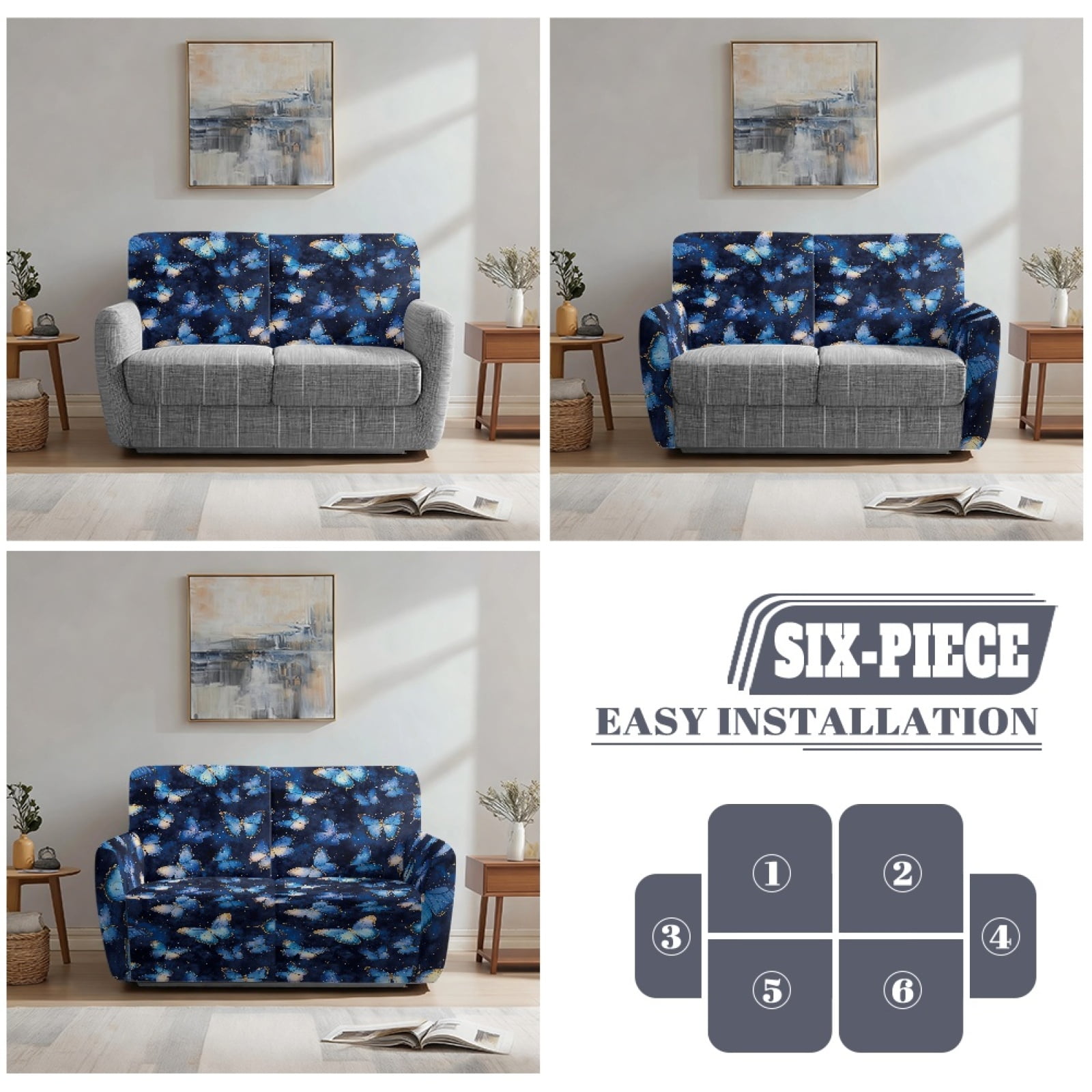 Xoenoiee Blue Butterfly Print 6 Pieces Recliner Loveseat Covers Stretch Recliner Sofa Slipcover with Elastic Bottom Jacquard Fitted Reclining Couch Cover Furniture Protector with Pockets