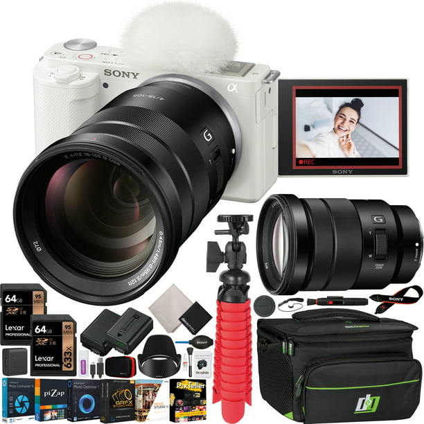Sony ZV-E10 Mirrorless Alpha APS-C Vlog Camera Body and 18-105mm F4 E PZ G  OSS Power Zoom G Lens SELP18105G ILCZV-E10/W White Bundle with Deco Gear