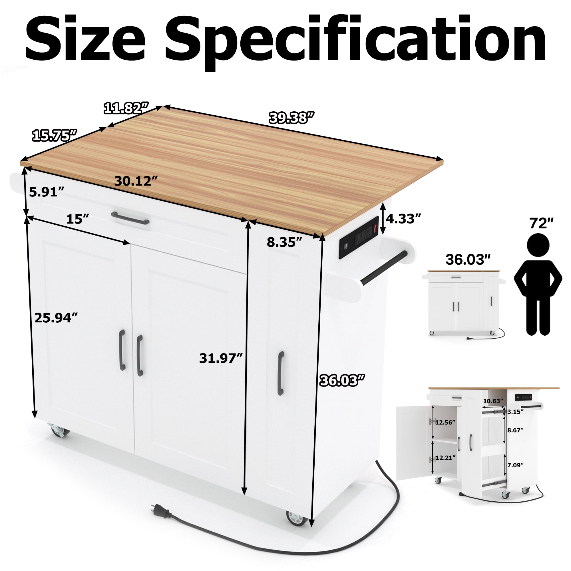 NAIYUFA Kitchen Island with Wheels & Adjustable Shelf,Modern Kitchen Islands with Power Outlets,Door Storage Cabinet,Drawers