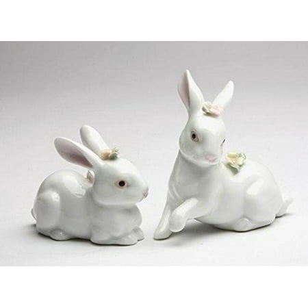 Pair of White Rabbits with Flowers Ceramic Easter Figurines 96180 Bunny
