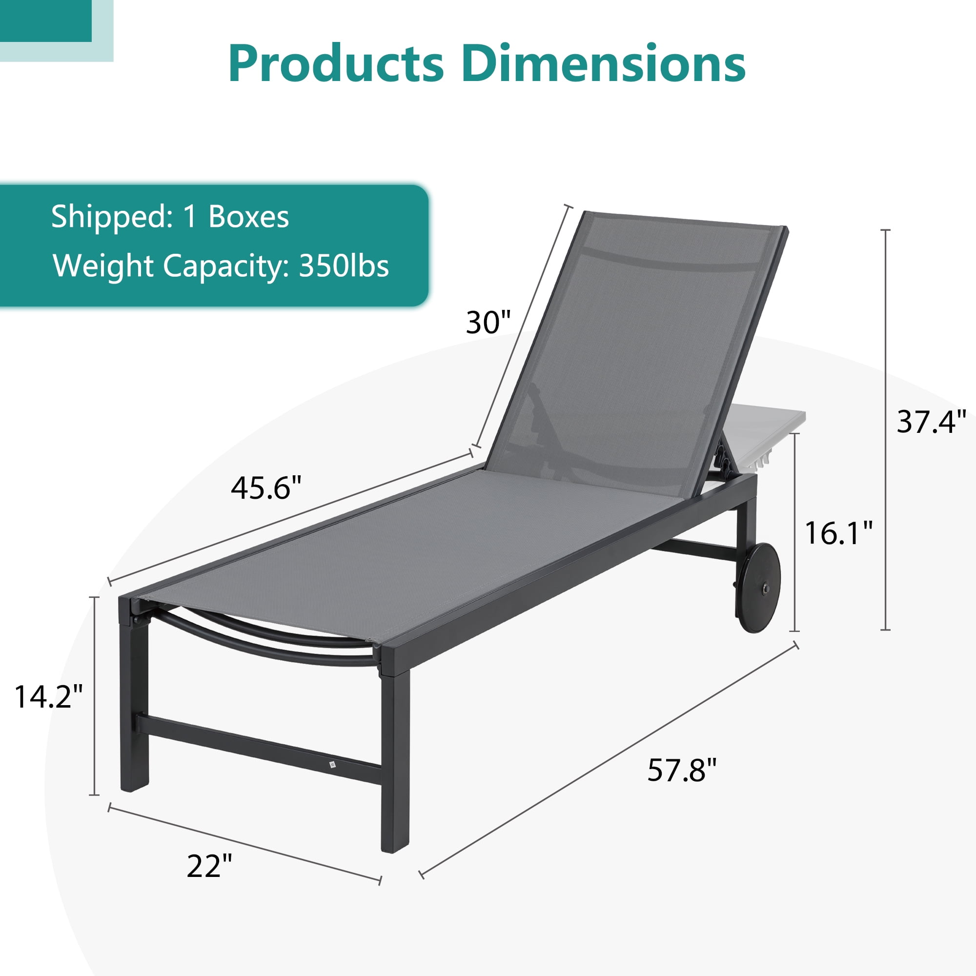 Walsunny 2pcs Patio Outdoor Chaise Lounge Chair with Wheels for Outside Aluminum Adjustable Angle Lounge Chair Set（Light Gray）