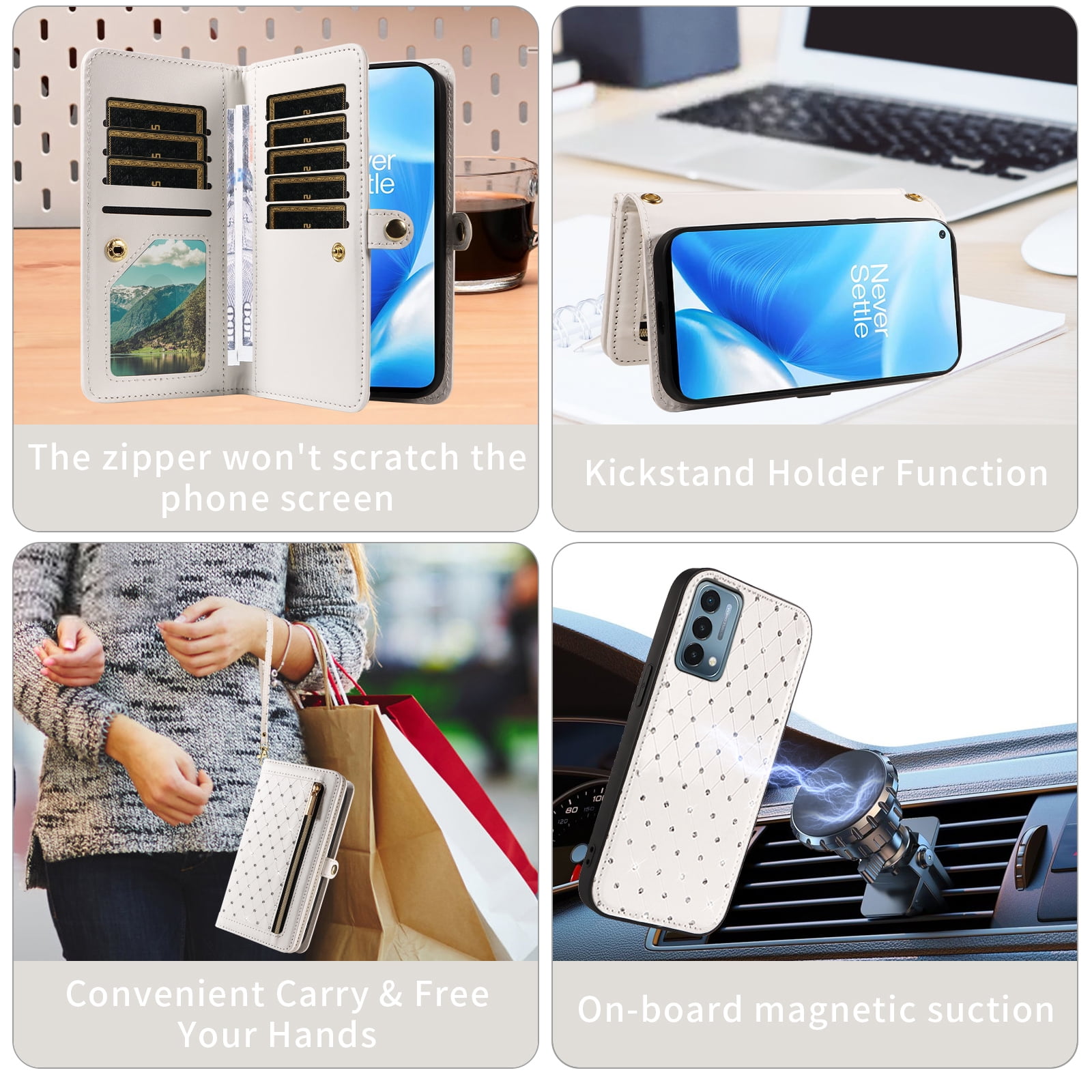Phone Case for OnePlus Nord N200 5G Zipper Wallet Detachable Cell Cover with Tempered Glass Screen Protector Crossbody Lanyard Strap Bling Glitter Flip Card Holder Slot One Plus N 200 G5 Women White