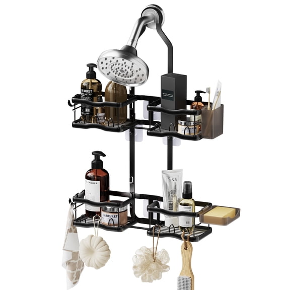 Behome Hanging Shower Caddy, Rustproof Shower Organizer with Soap Holder and Hooks, Over Showerhead Caddy for Bathroom, Black