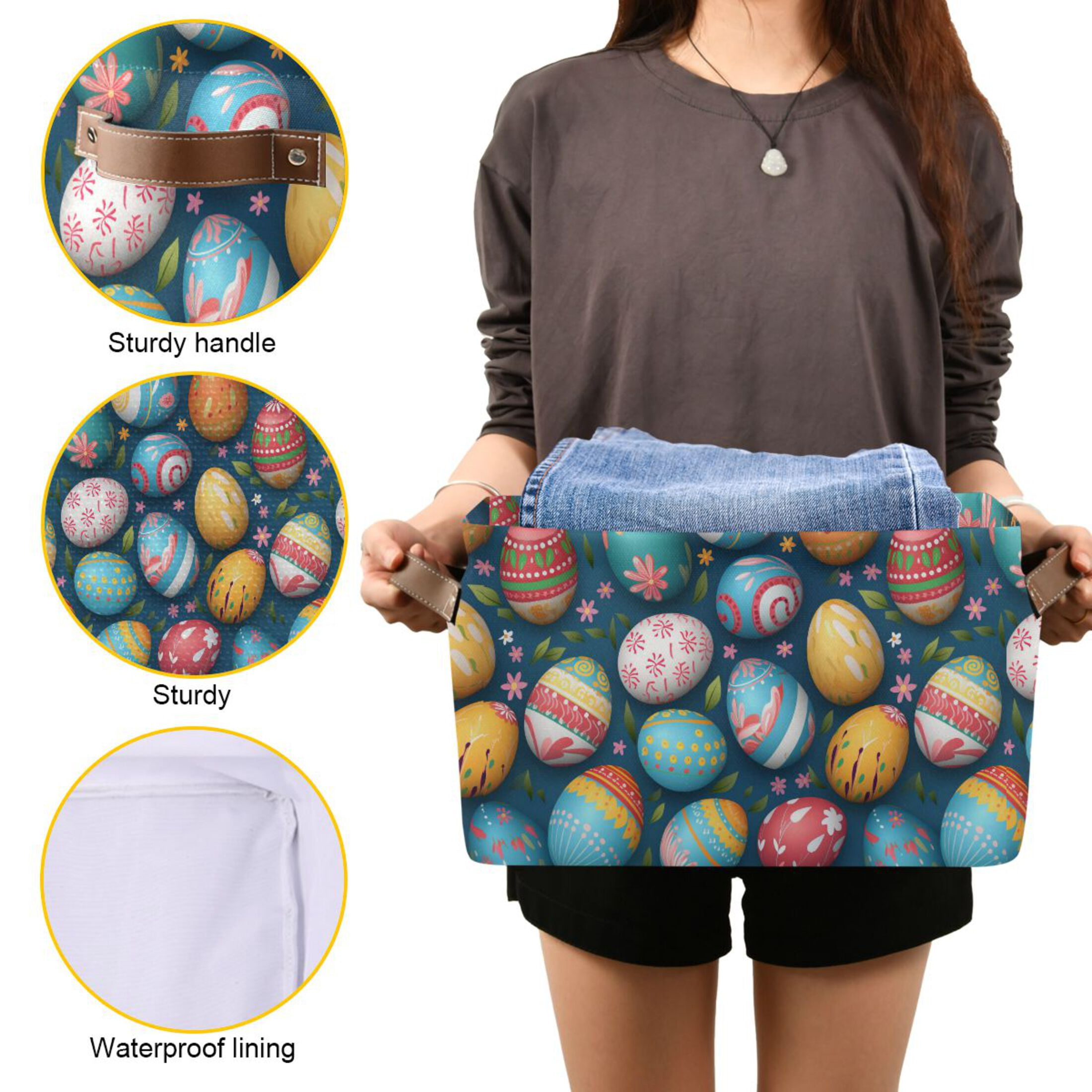 Colorful Easter Eggs Storage Bins with Handle Fabric Organizer Basket Foldable Box 2 Pack 14.2x10.2x8.3