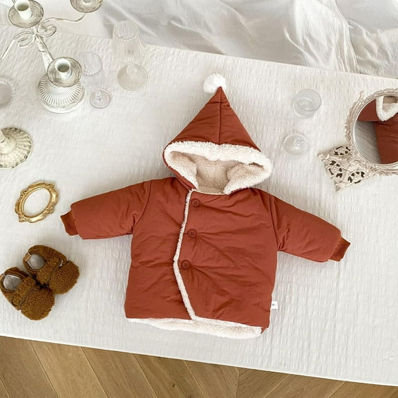 LFEOOST Toddler Baby Plush Soft Cotton Coats Long Sleeve Hooded Jacket with Pompom Newborns Winter Button Warm Outfits (Brown, 12 Months)