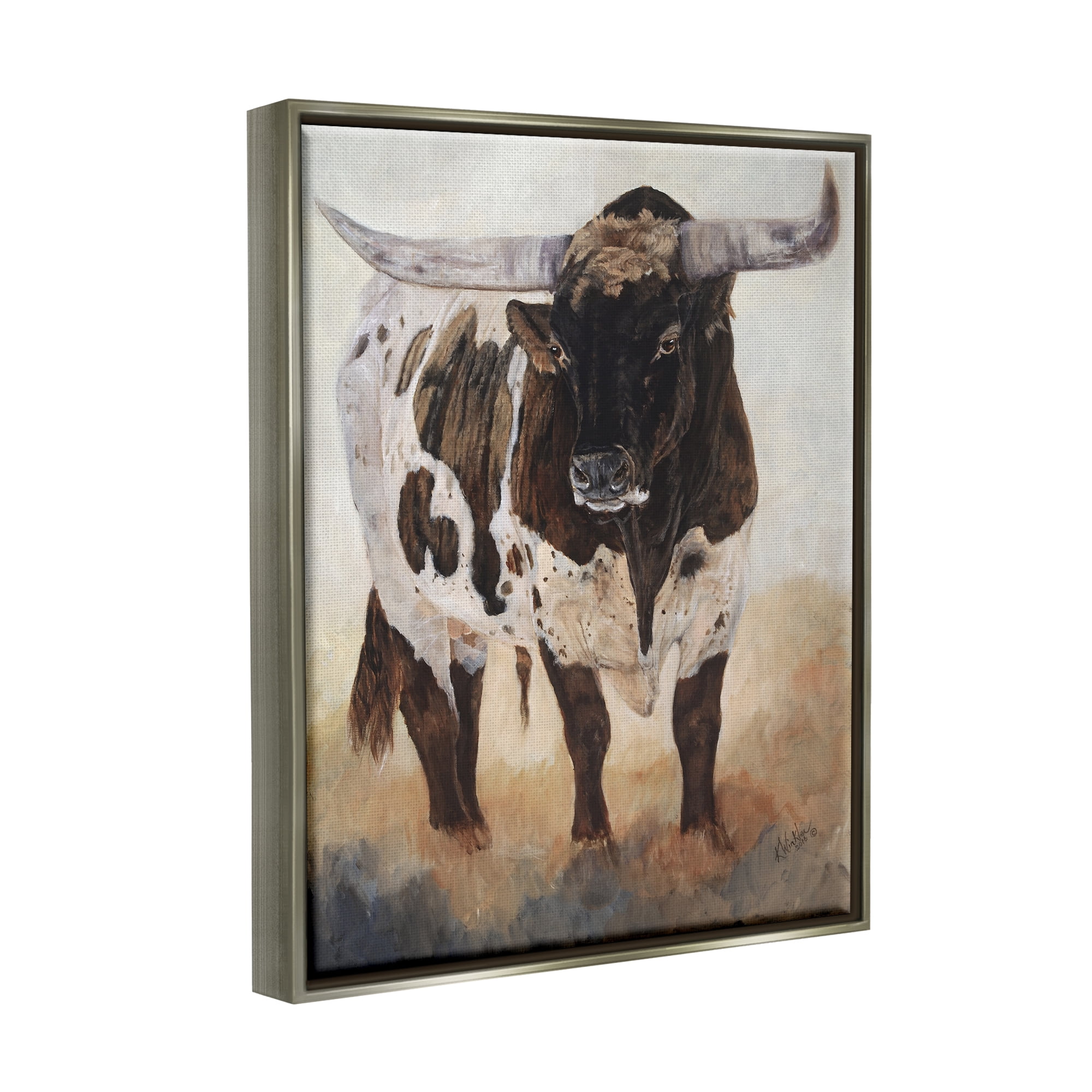 Stupell Industries Longhorn Cattle Painting Animals & Insects Painting Gray Floater Framed Art Print Wall Art, 25 x 31