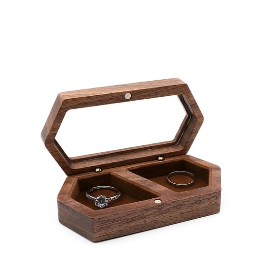 Wood Ring Box for Wedding Ceremony with Clear Top Engagement Ring Boxes for Two Rings Case Ring Bearer Case Pocket Size Proposal Ring Holder- coffee