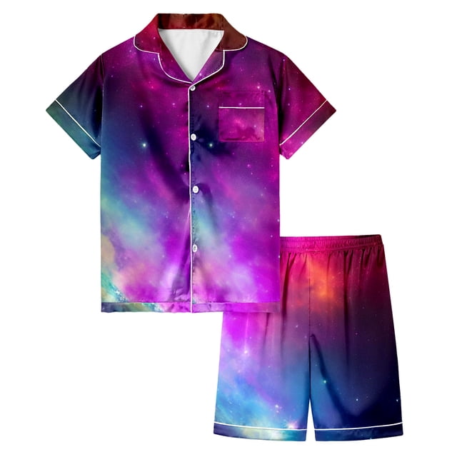 Icvfdpl Pyjama Fille Imprimé Galaxie Manches Courtes Bouton Haut Shorts Ensemble Maison Pyjama Décontracté 4-5 Ans