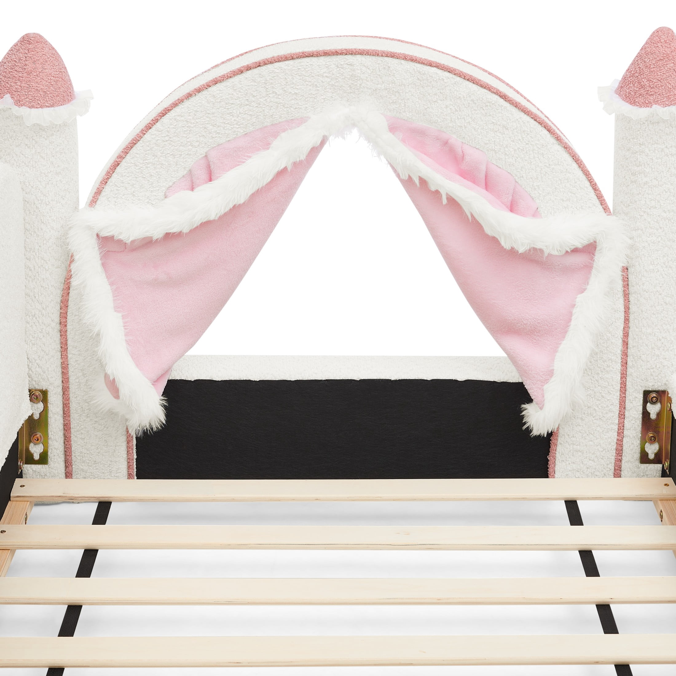 GDF Studio Solley Twin Size Castle Bed with Safety Guardrails, Curtain & Wood Frame, Boucle Upholstered Bed, White