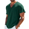 thumbnail image 5 of Bohemian Raw Hem V Neck Mens Short Sleeve Shirt, Fringe Casual Pullover, Skin Friendly Linen Blend Fabric for Seaside Walking Daily Vacation Outfits Green XXL, 5 of 8
