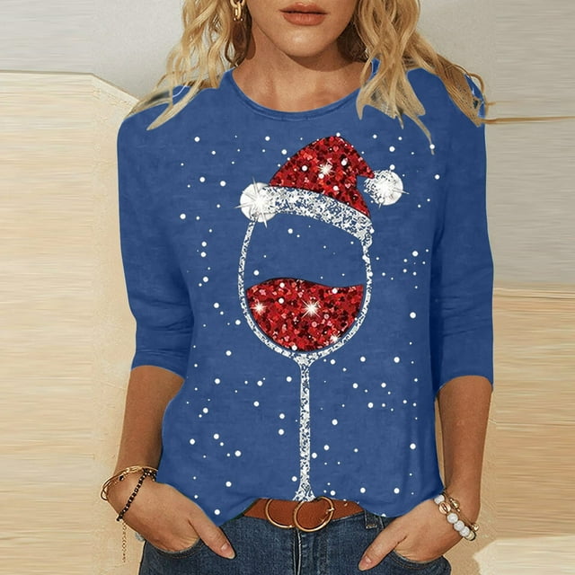 Women's Christmas Holiday Casual T-Shirt Red Glass Printed Round Neck Three Quarter Sleeve Tee Top