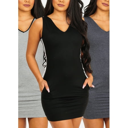 BEST DEAL!!! 3 PACK Womens Juniors Sleeveless Sexy Hooded Sporty Assorted Color Bodycon Above Knee Mini Dresses (Sunday Best Dress Code)