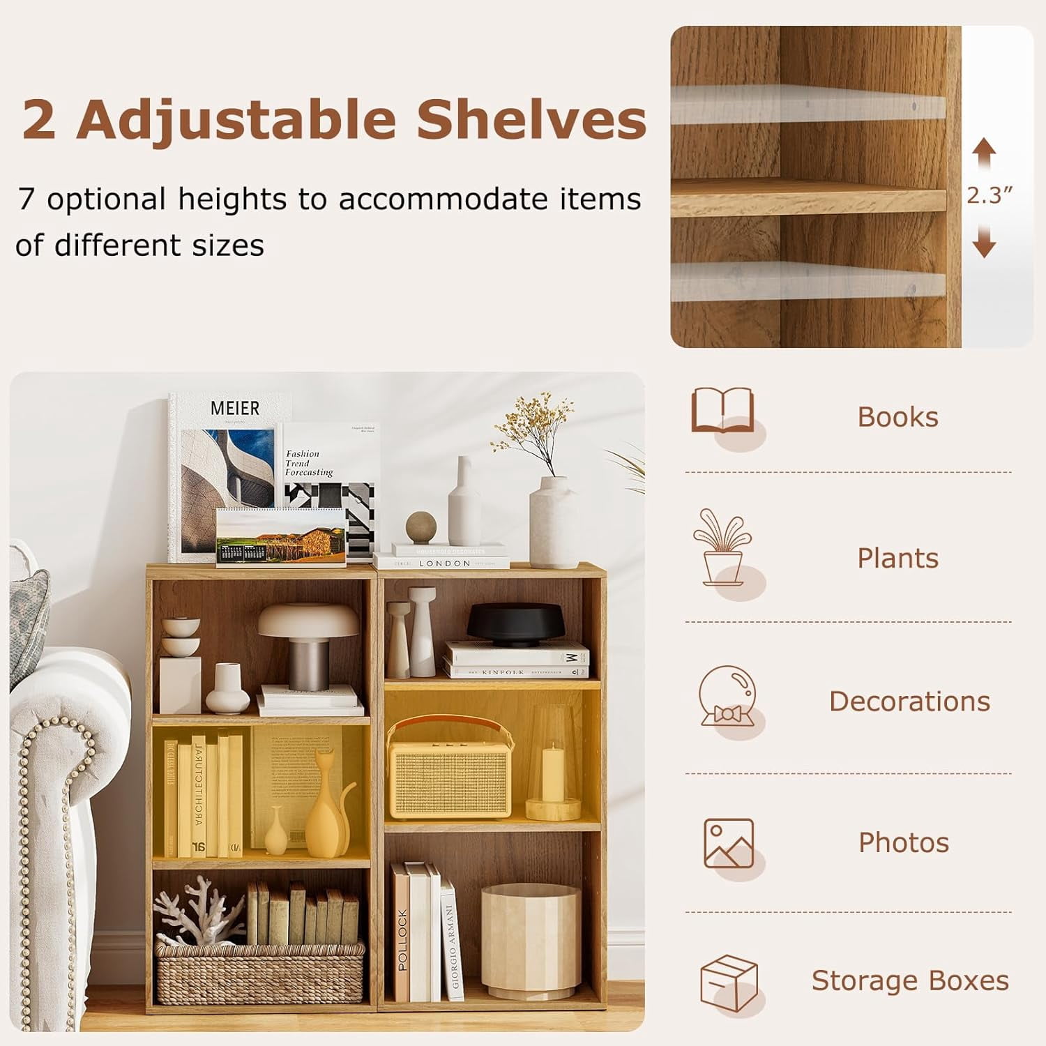 LOKO 3-Tier Cube Bookcase, Modern Open Bookshelf with Adjustable Shelves, Floor Standing Cubby Display Cabinet, Wooden Modular Storage Organizer for Living Room, Study, Home Office (1, Natural)