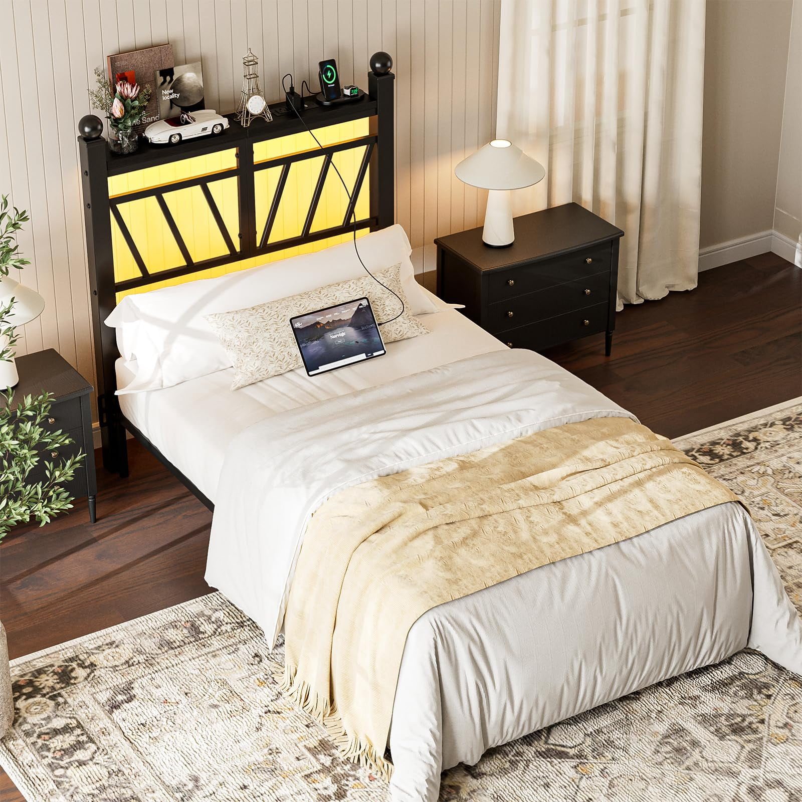 ARICOEASY Metal Twin Size Storage Headboard with LED Lights, Modern Twin XL Head Board with Outlets, USB & Type C Port, Farmhouse Vintage Style, Easy Assembly, Black