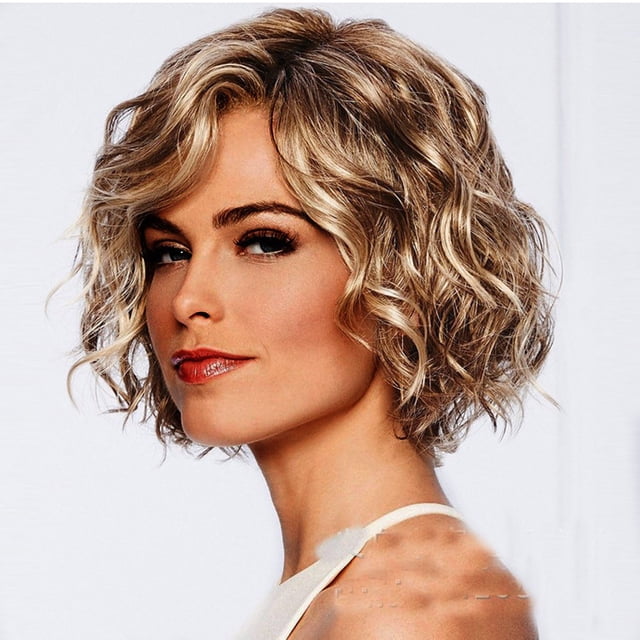 PVCS Women Gold Brazilian Short Wavy Curly Parting High Temperature Fiber Wig Hair
