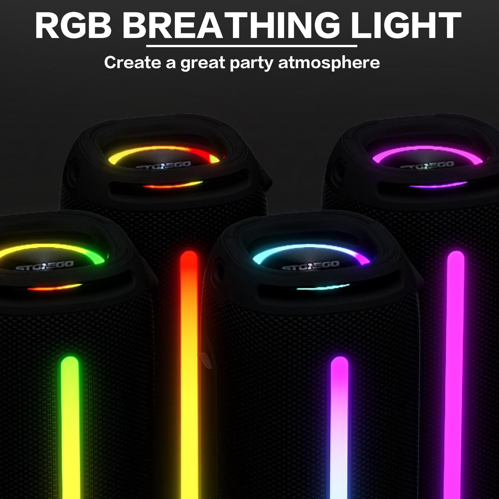 STONEGO Portable Handheld Bluetooth Speaker, Bluetooth 5.3 Wireless RGB Flash Dual Speakers, TWS Heavy Bass Stereo, IPX6 Waterproof, USB-C Charging, 3000mAh Battery, with FM Mode