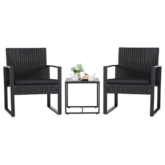 3 Pieces Patio Set Outdoor Wicker Furniture Sets Modern Rattan Chair Conversation Sets with Coffee Table for Yard and Bistro (Black)