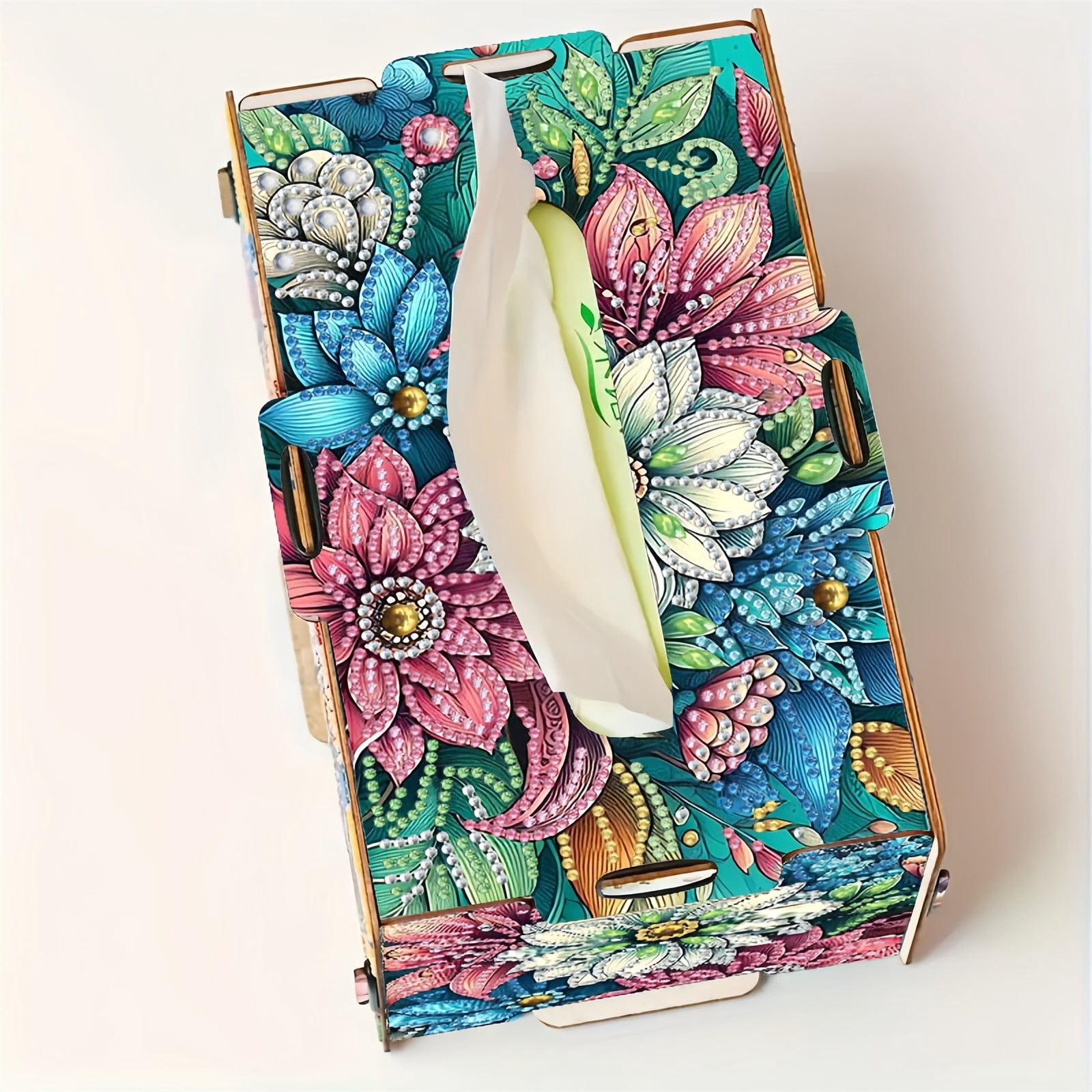 FLOPESN DIY Diamond Art Painting Wooden Assembly Paper Box, 8.86*5.31in, Creative Design Table Decor Rectangular Paper Towel Storage Box-2PCS Flowers-1