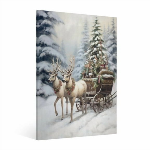 Vintage Christmas Reindeer pulling carts carrying Christmas trees Wall Art Paint Framed - Xmas Festive Winter Holiday Christmas Wall Decor Canvas Print for Living Room Kitchen Bathroom Home Decor