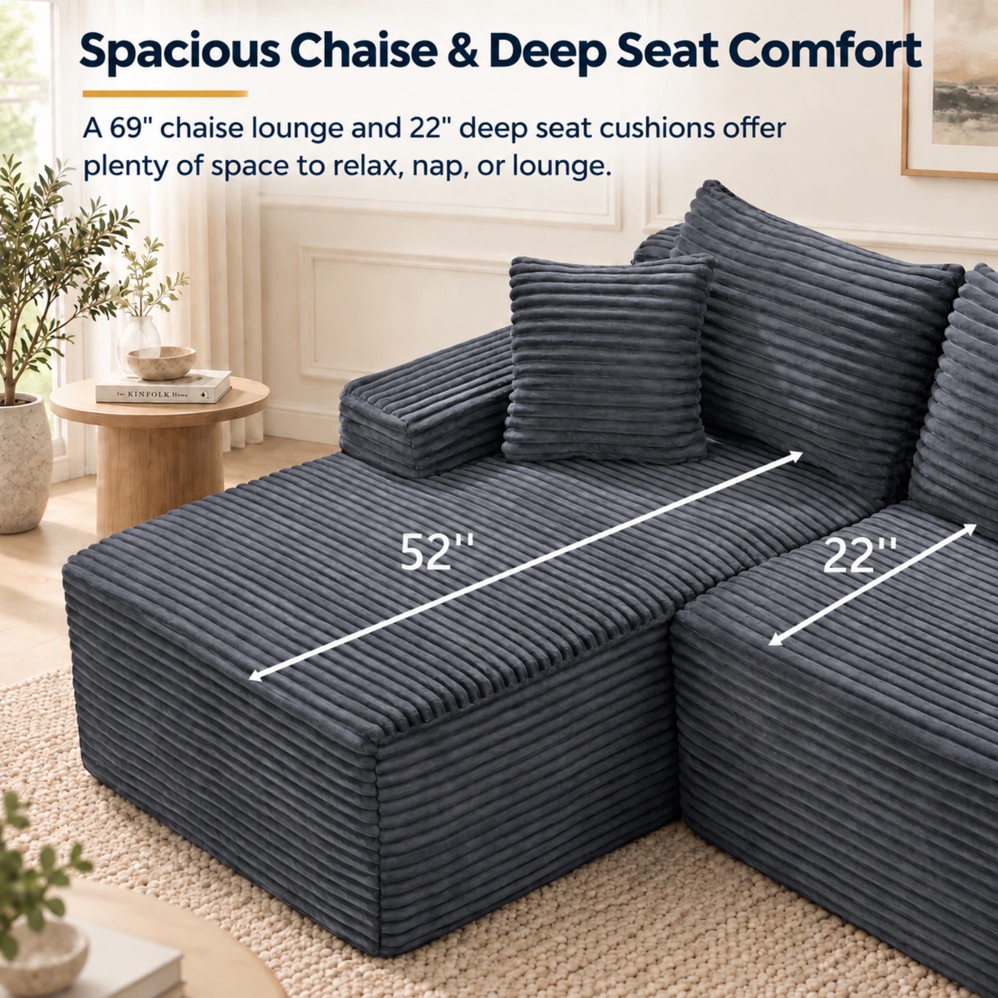 DEALTOPS 106" Corduroy L-Shape Sectional Sofa, Modular Floor Cloud Couch with Left Chaise, Gray