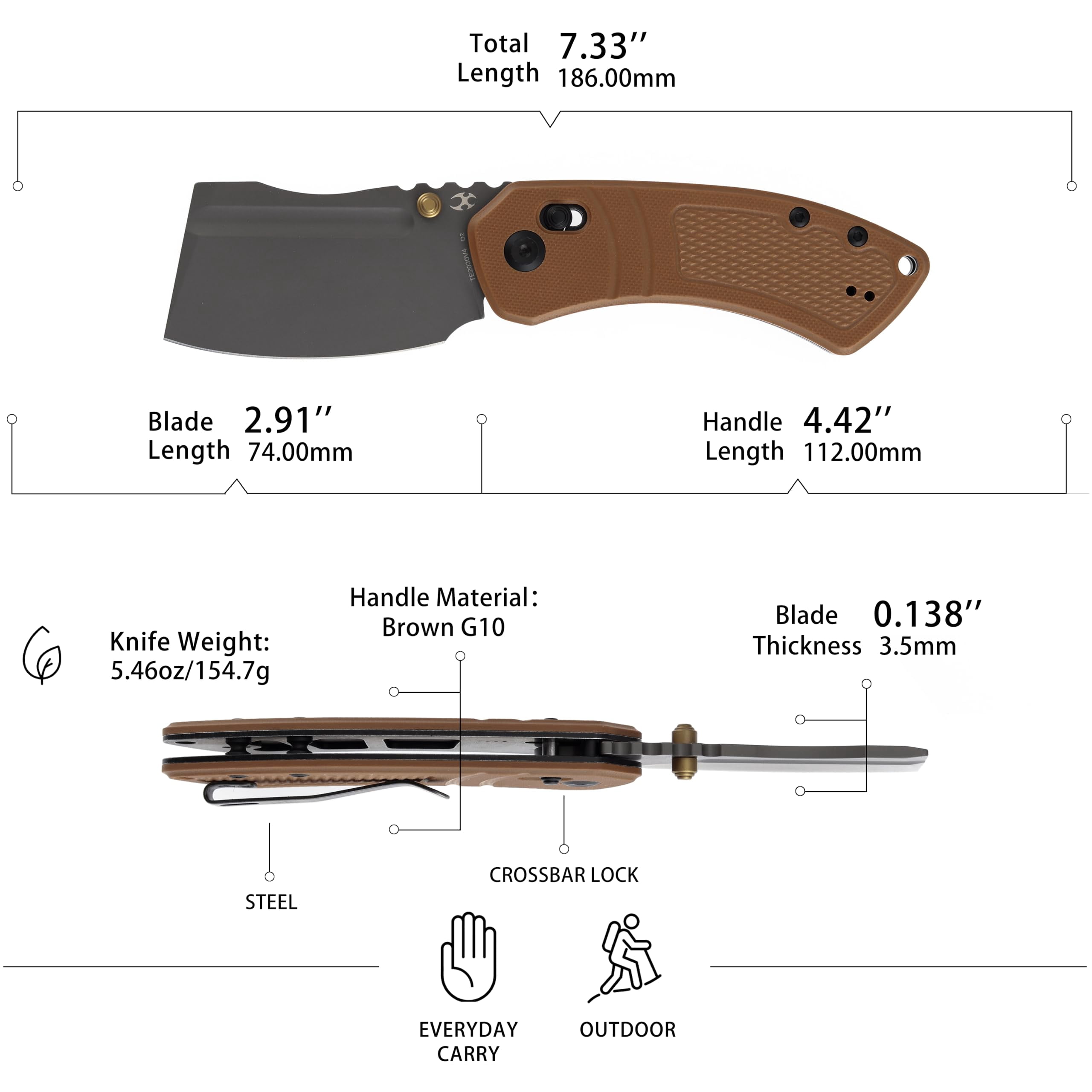 Kansept Korvid V Folding Pocket Knife 2.91" Gray Ticn Coated D2 Blade,Brown G10 with Diamond Pattern,TE2030V4