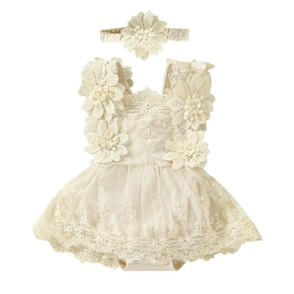 shoper Baby Girl Romper Dress Sleeveless Bow Flower Lace Princess Dress Bodysuit Headband Summer Cotton Outfits Beige 90